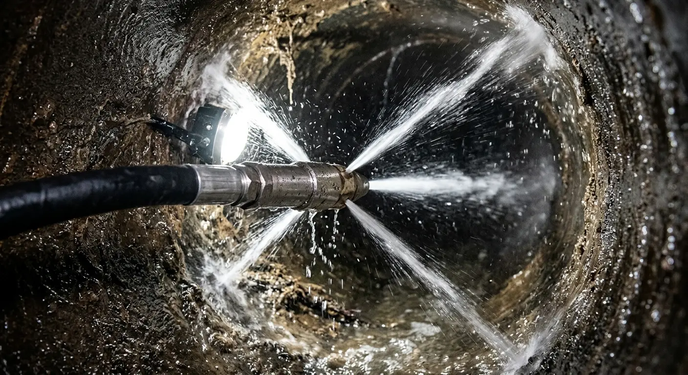 High-pressure hydro jetting nozzle cleaning sewer pipe for Emergency Drain Service in Middletown